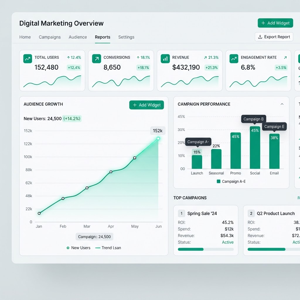 Marketing analytics dashboard showing growth in visibility and leads